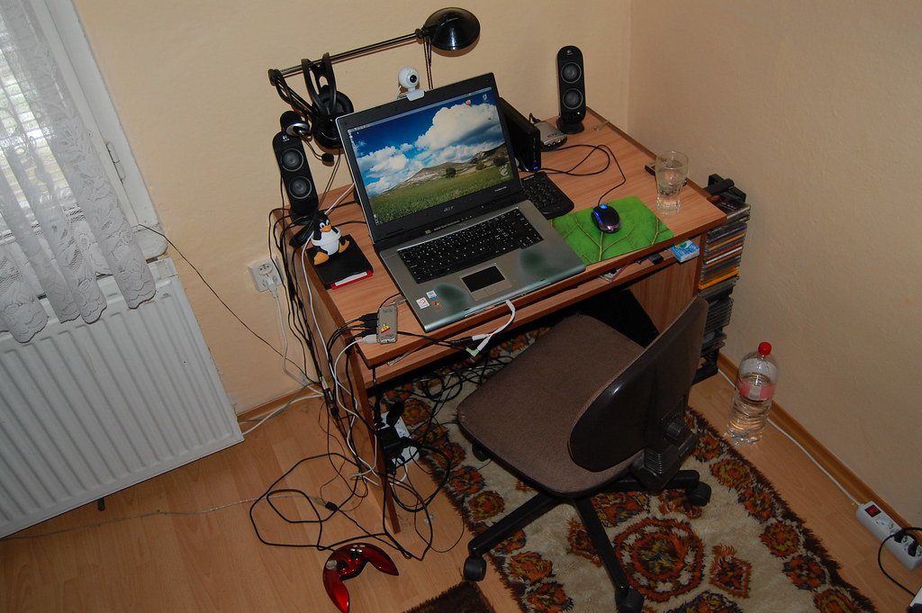 Desk with laptop and notebook